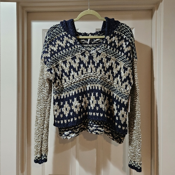 Free People Fairisle Hooded Sweater High Low Hem Oversized XS Navy Cream NWT - Picture 15 of 16